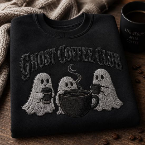 Ghost Coffee Club Embroidered Sweatshirt, Cute Halloween Ghost Sweatshirt, Coffee Lover Cozy Fall Embroidery Sweatshirt, Spooky Season Gift