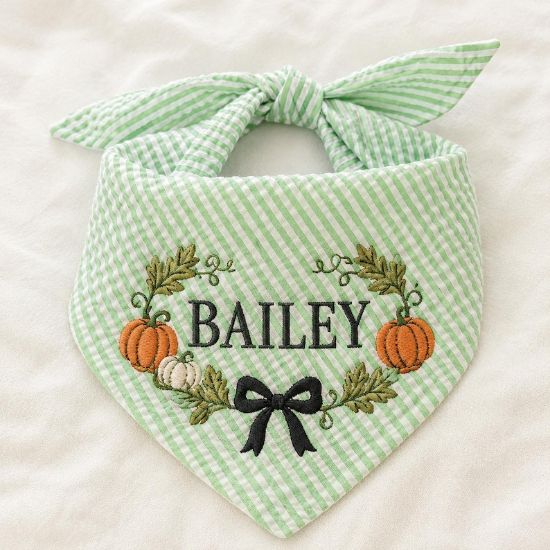 Personalized Fall Dog Bandana, Pumpkin Dog Bandana, Green Seersucker Dog Bandana, Custom Embroidered Pet Bandana, Autumn Dog Gift Halloween