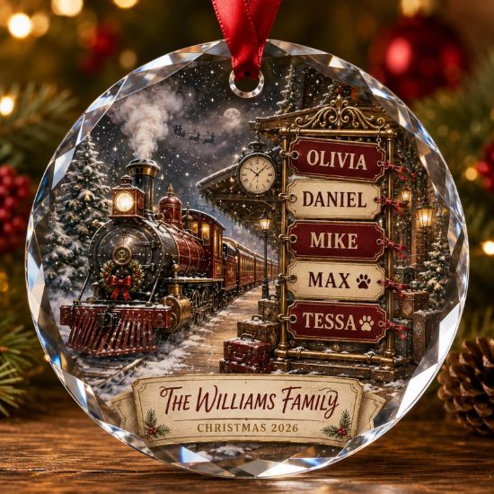 Personalized Family Train Christmas Glass Ornament, Custom Name Glass Ornament, Pet Family Holiday Keepsake, Christmas Family Decor 2026