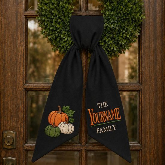 Personalized Fall Wreath Sash Bow, Custom Door Wreath Bow, Embroidered Pumpkin Wreath Sash, Autumn Front Door Decor, Thanksgiving Decor