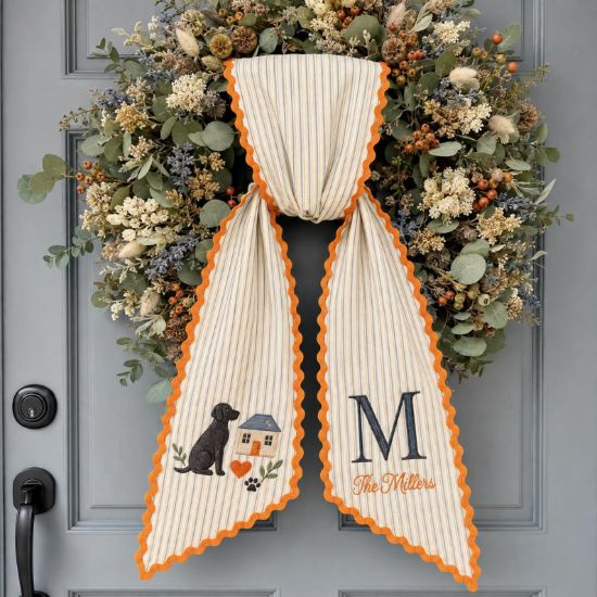 Personalized Fall Family Sash, Dog & Home Embroidered Monogram Sash, Dog Embroidered Sash Wreath, Pet Lover Housewarming Gift for Family