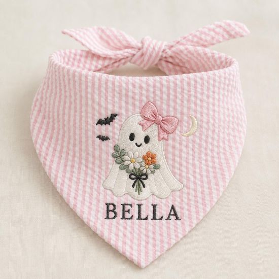 Personalized Halloween Dog Bandana, Embroidered Girl Ghost Pet Scarf, Custom Pet Name Bandana, Floral Spooky Puppy Gift for Fall Parties Fun