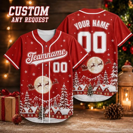 Personalized Christmas Baseball Jersey, Custom Name Number Team Shirt, Santa Sleigh Holiday Jersey, Family Holiday Gift, Unisex Sports Top