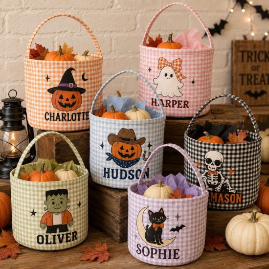 Personalized Halloween Basket, Custom Name Trick or Treat Bag, Gingham Candy Bucket for Kids, Halloween Boo Basket, Ghost Pumpkin Treat Bag