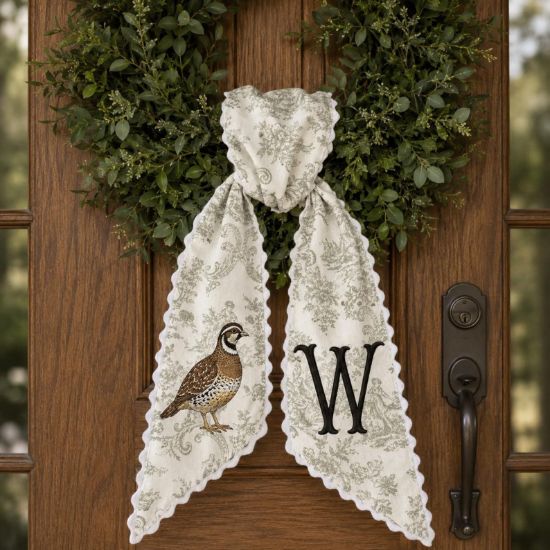 Personalized Quail Wreath Sash, Quail Hunting Monogram Sash, Custom Initial Bird Wreath Bow, Fall Thanksgiving Sash, Farmhouse Hostess Gift