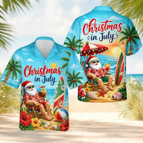 Summer Santa July Christmas Hawaiian Shirt, Tropical Holiday Beach Shirt, Funny Xmas Vacation Button Up, Island Santa Party Shirt