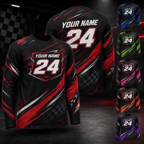 Personalized Racing Long Sleeve Jersey, Custom Name Number Motorsport Shirt,Race Team Jersey, Checkered Flag Racing Shirt, Custom Racer Gift