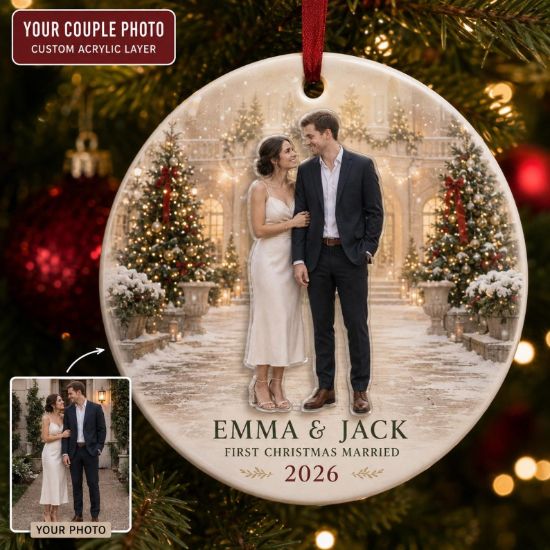 Personalized Couple Photo Christmas Ornament, First Christmas Married Gift, 2 Layer Ceramic Acrylic Keepsake, Wedding Newlywed Ornament 2026