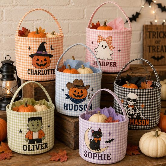 Personalized Halloween Printed Basket, Custom Trick or Treat Bag, Gingham Candy Bucket Kid, Halloween Boo Basket, Ghost Pumpkin Treat Bag
