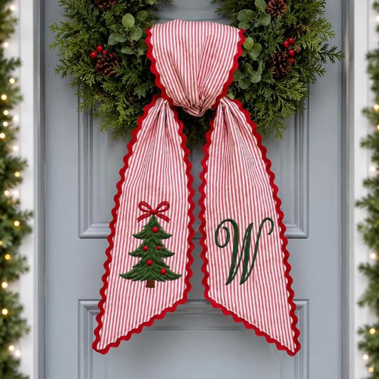 Personalized Christmas Embroidered Wreath Sash, Christmas Tree Wreath Bow, Christmas Door Bow, Holiday Sash, Personalized Christmas Decor