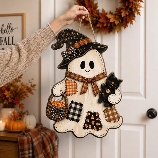 Halloween Ghost Door Hanger, Wooden Ghost Wall Decor, Fall Witch Hat Ghost Sign, Cute Halloween Door Decor, Autumn Home Decor Halloween