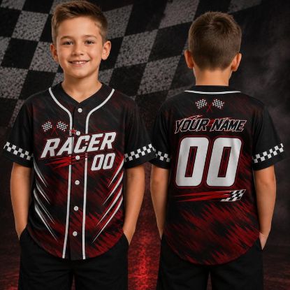 Custom Racing Baseball Jersey, Personalized Name Number Racer Shirt, Kids Race Car Birthday Outfit, Checkered Flag Motorsport Gift for Boy
