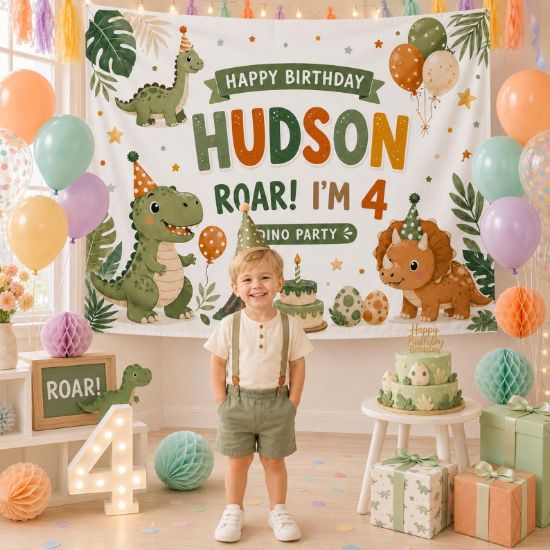Personalized Dinosaur Birthday Backdrop, Custom Name Dino Party Tapestry Banner, Roar Birthday Decor, Kids Photo Booth Backdrop