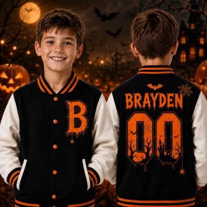 Personalized Halloween Varsity Jacket Kids, Custom Name Number Initial, Spooky Bat Spider Web Baseball Jacket, Trick or Treat Gift Outfit