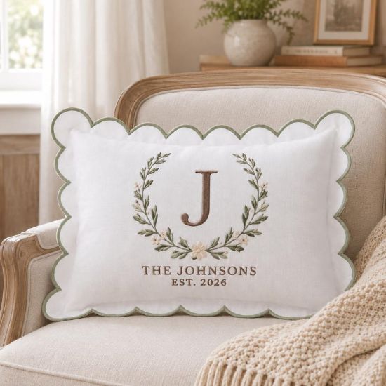 Personalized Family Name Pillow, Custom Monogram Throw Pillow, Scalloped Accent Cushion, Housewarming Gift, Wedding Gift Decor New Home
