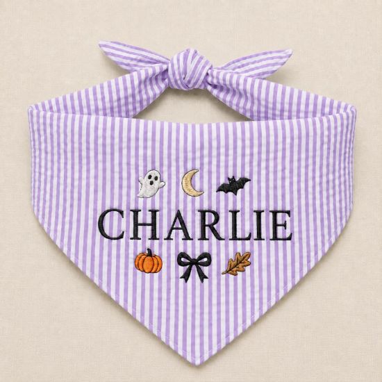 Personalized Halloween Dog Bandana, Hallowen Seersucker Dog Bandana, Custom Embroidered Pet Bandana, Fall Puppy Scarf, Ghost Dog Gift