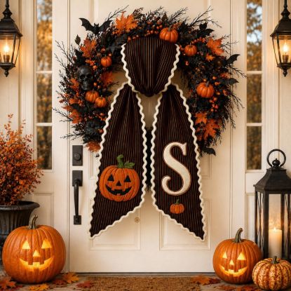 Personalized Halloween Wreath Sash, Custom Jack O Lantern Door Bow, Embroidered Monogram Wreath Bow, Spooky Farmhouse Front Door Decor