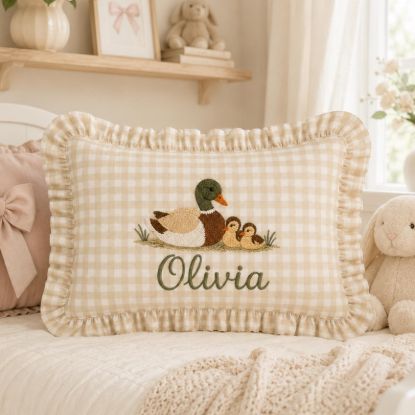 Personalized Baby Name Duck Ruffle Pillow Case, Embroidered Duck Family Nursery Cushion, Neutral Gingham Decor, Baby Shower Gift