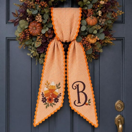 Personalized Fall Sash, Embroidered Candy Corn Monogram Sash, Orange Gingham Autumn Sash, Halloween Spooky Gift, Halloween Fall Accessory