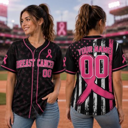 Personalized Breast Cancer Warrior Baseball Jersey, Custom Pink Ribbon Button Up Shirt, Custom Name Awareness Jersey, Survivor Gift Team