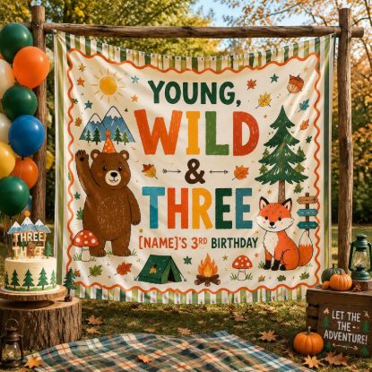 Young Wild and Three Birthday Backdrop, Personalized Woodland Party Banner, Custom Name 3rd Birthday Tapestry, Forest Birthday Decor