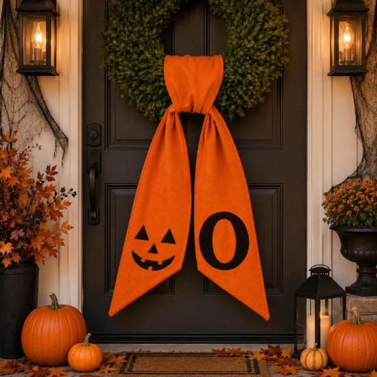 Personalized Halloween Wreath Sash, Pumpkin Face Monogram Door Bow, Orange Halloween Wreath Decor, Spooky Front Door Decoration Halloween