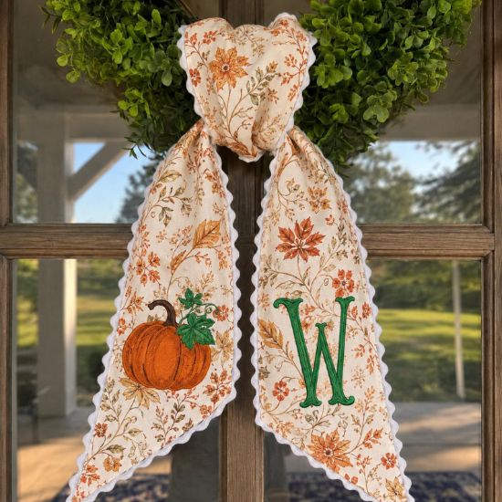 Personalized Fall Wreath Sash, Pumpkin Monogram Door Bow, Autumn Floral Wreath Bow, Custom Initial Porch Decor, Thanksgiving Decor Halloween