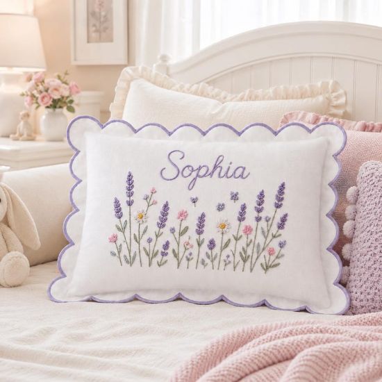 Personalized Lavender Name Pillow, Custom Floral Scalloped Cushion, Cottagecore Nursery Throw Pillow, Lavender Flower Decor, Baby Girl Gift