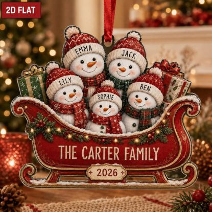 Personalized Snowman Family Christmas Ornament, Custom Family Name Acrylic Ornament, Snowman Sleigh Ornament, Christmas 2026 Family Gift