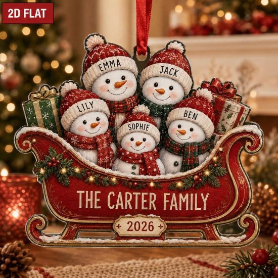 Personalized Snowman Family Christmas Ornament, Custom Family Name Acrylic Ornament, Snowman Sleigh Ornament, Christmas 2026 Family Gift