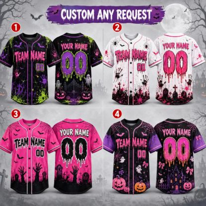 Personalized Halloween Baseball Jersey, Custom Team Name Number Shirt, Spooky Sports Jersey, Pink Purple Horror Costume, Team Halloween Gift