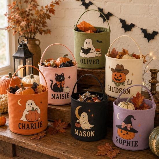 Personalized Halloween Basket, Custom Name Trick or Treat Bag, Kids Halloween Candy Bucket, Ghost Pumpkin Basket, Halloween Gift for Kids