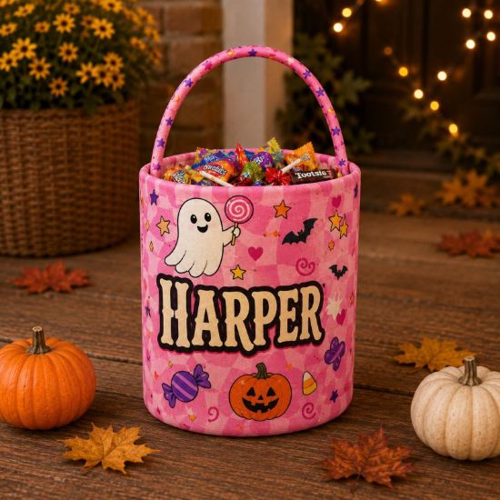 Personalized Halloween Basket, Custom Name Trick or Treat Bag, Kids Candy Bucket, Cute Ghost Pumpkin Boo Basket, Halloween Gift for Kids