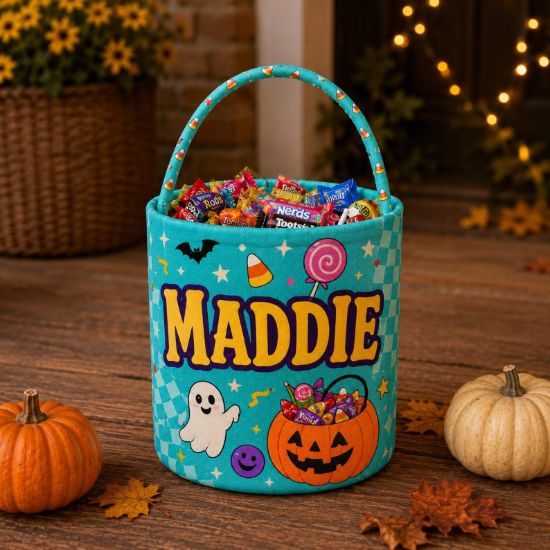Personalized Halloween Basket, Custom Name Trick or Treat Bag, Kids Candy Bucket, Cute Ghost Pumpkin Boo Basket, Halloween Gift for Kids