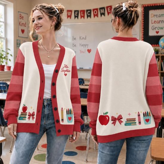 Personalized Teacher Printed Cardigan Sweater, Custom Teacher Name Knit Cardigan, Back to School Teacher Gift, Cute Classroom Teacher Shirt