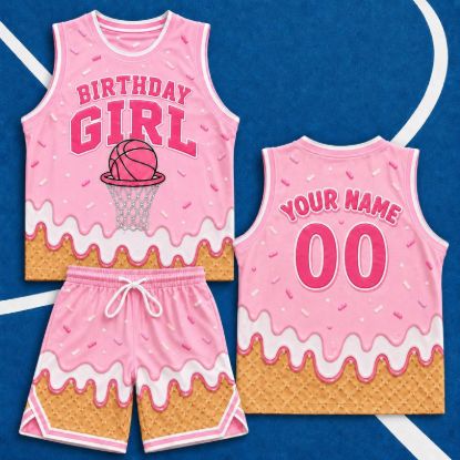 Personalized Basketball Birthday Girl Outfit, Custom Pink Ice Cream Jersey Set, Birthday Girl Tank Top & Shorts with Name Number