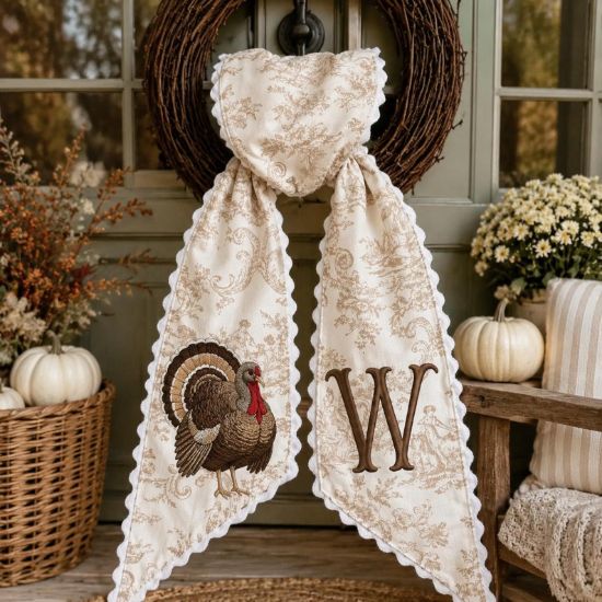 Personalized Thanksgiving Turkey Wreath Sash, Turkey Monogram Sash, Neutral Toile Fall Wreath Bow, Custom Hostess Gift, Autumn Sash Decor