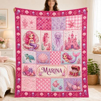 Personalized Pink Mermaid Quilt Blanket, Custom Name Baby Girl Quilt, Mermaid Nursery Bedding, Ocean Blanket Gift for Girls Birthday Gift