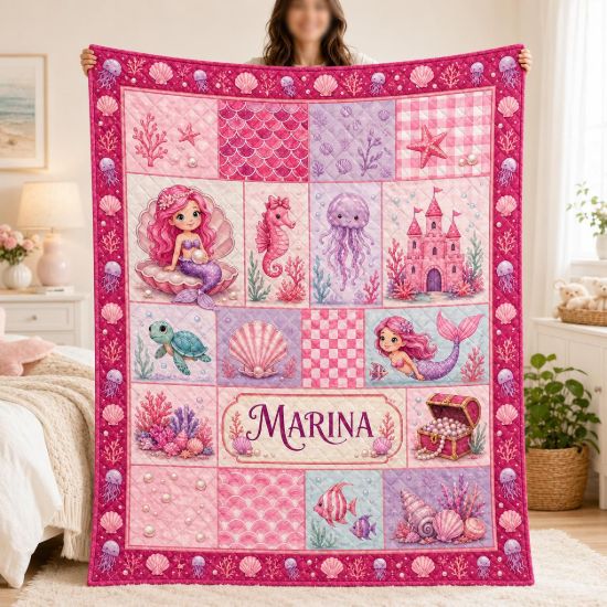 Personalized Pink Mermaid Quilt Blanket, Custom Name Baby Girl Quilt, Mermaid Nursery Bedding, Ocean Blanket Gift for Girls Birthday Gift