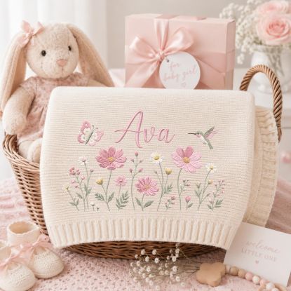 Personalized Baby Blanket with Name | Embroidered Hummingbird Floral Knit Blanket for Baby Girl |Newborn Keepsake |Baby Shower Gift for Girl