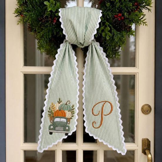Monogram Fall Wreath Sash, Embroidered Pumpkin Door Decor, Striped Autumn Sash, Personalized Thanksgiving Front Door Ribbon