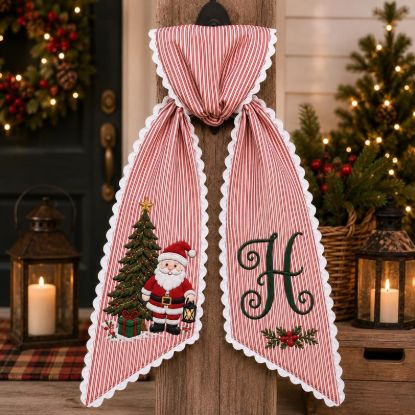 Personalized Santa Christmas Wreath Sash, Custom Embroidered Monogram Red Stripe Door Bow, Holiday Front Door Decor Gift