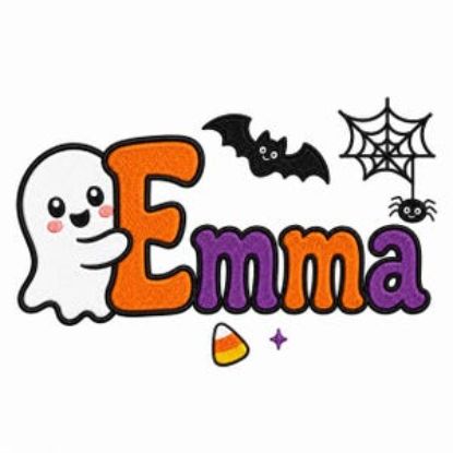 Personalisiertes Halloween-Namensstickmuster, niedlicher Geist, Fledermaus, Spinnennetz, Zuckermais, individuelle Stickdatei für Kinder-T-Shirts