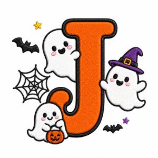 Personalized Halloween Initial Embroidery Design, Cute Ghost Monogram Letter with Bat Spider Web Pumpkin, Machine Embroidery Digital File