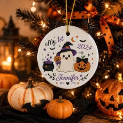 Mein erstes Halloween 2026 – personalisierte Kürbis-Geist-Hexe-Figur für Babys, personalisiertes Halloween-Geschenk aus Keramik mit Namen