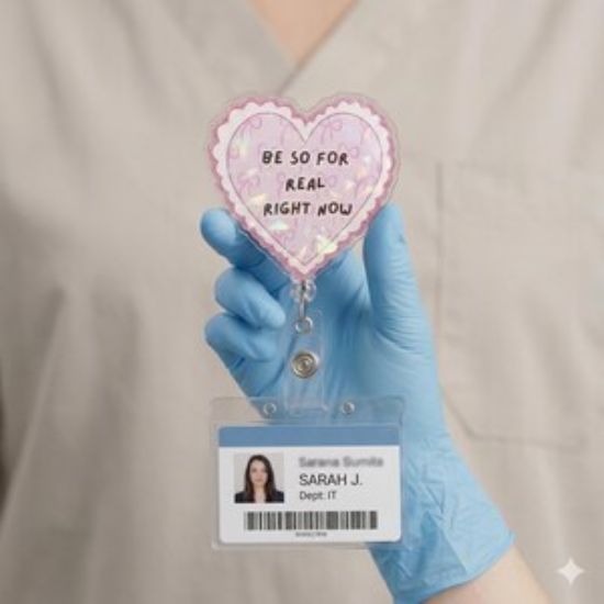 Holographic Heart Badge Reel, Pink Nurse Keychain, Phone Charm Accessory