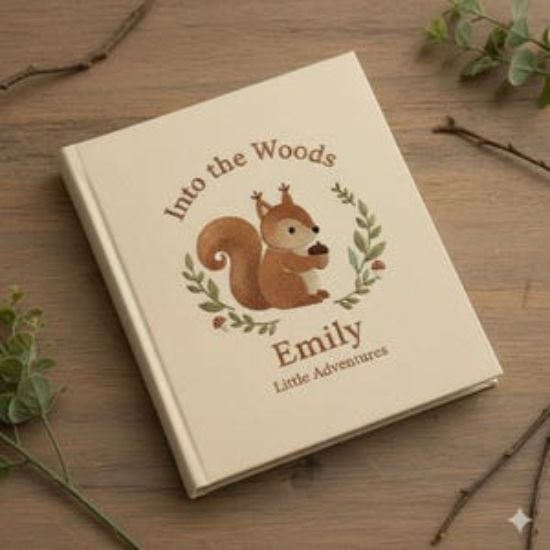 Personalized Squirrel Embroidered Journal, Handmade Linen A5 Notebook with Name, Cute Forest Animal Gift