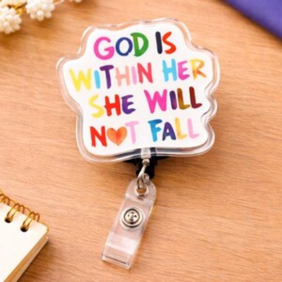 Christian Badge Reel, God Is Within Her She Will Not Fall Badge Holder, Faith Gift for Women, Inspirational Badge Reel, Religious Gift