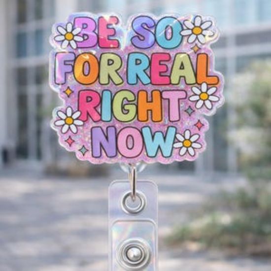 Retro Colorful Badge Reel, Holographic Floral Phrase Holder (Keychain/Phone Charm)