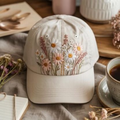 Bestickte Baseballkappe, Gänseblümchen & Wildblumen, Cottagecore Hut, Geschenk für Sie
